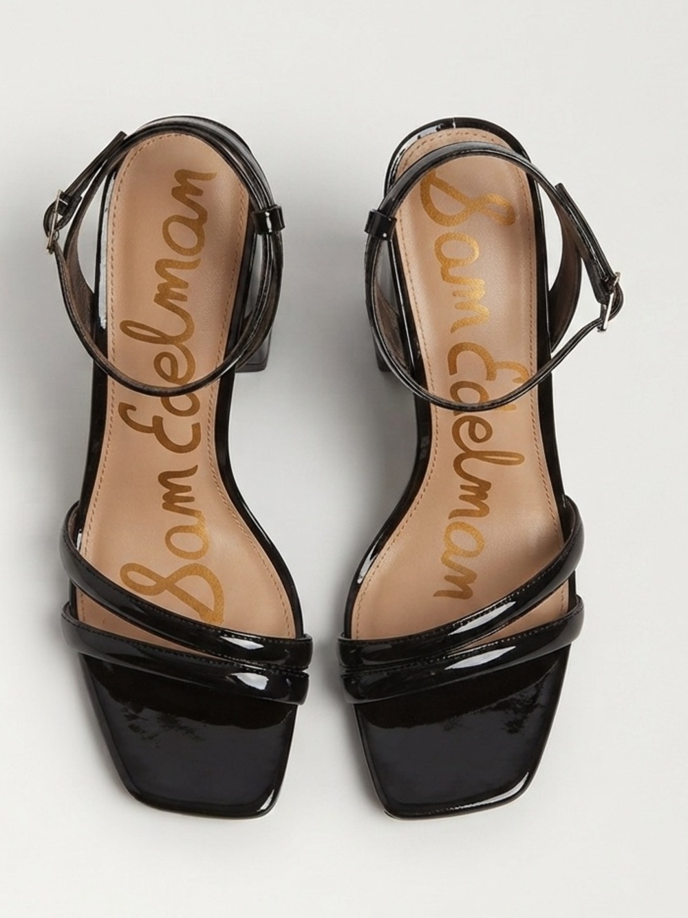 Sam Edelman Black Patent Square-Toe Strappy Block Heels - Picture 2 of 7
